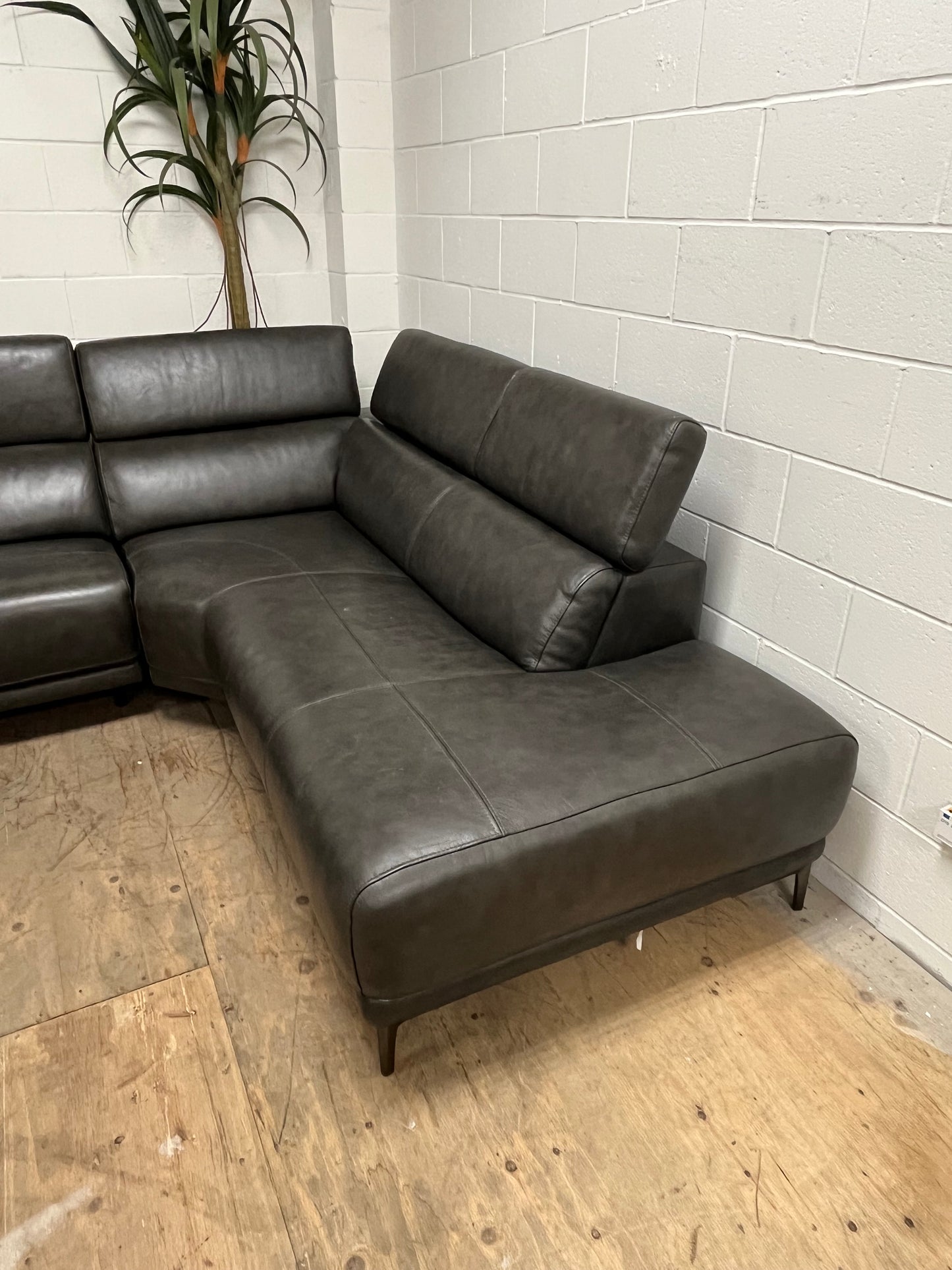 Living Spaces Leather Sectional Couch With Reclining Seat