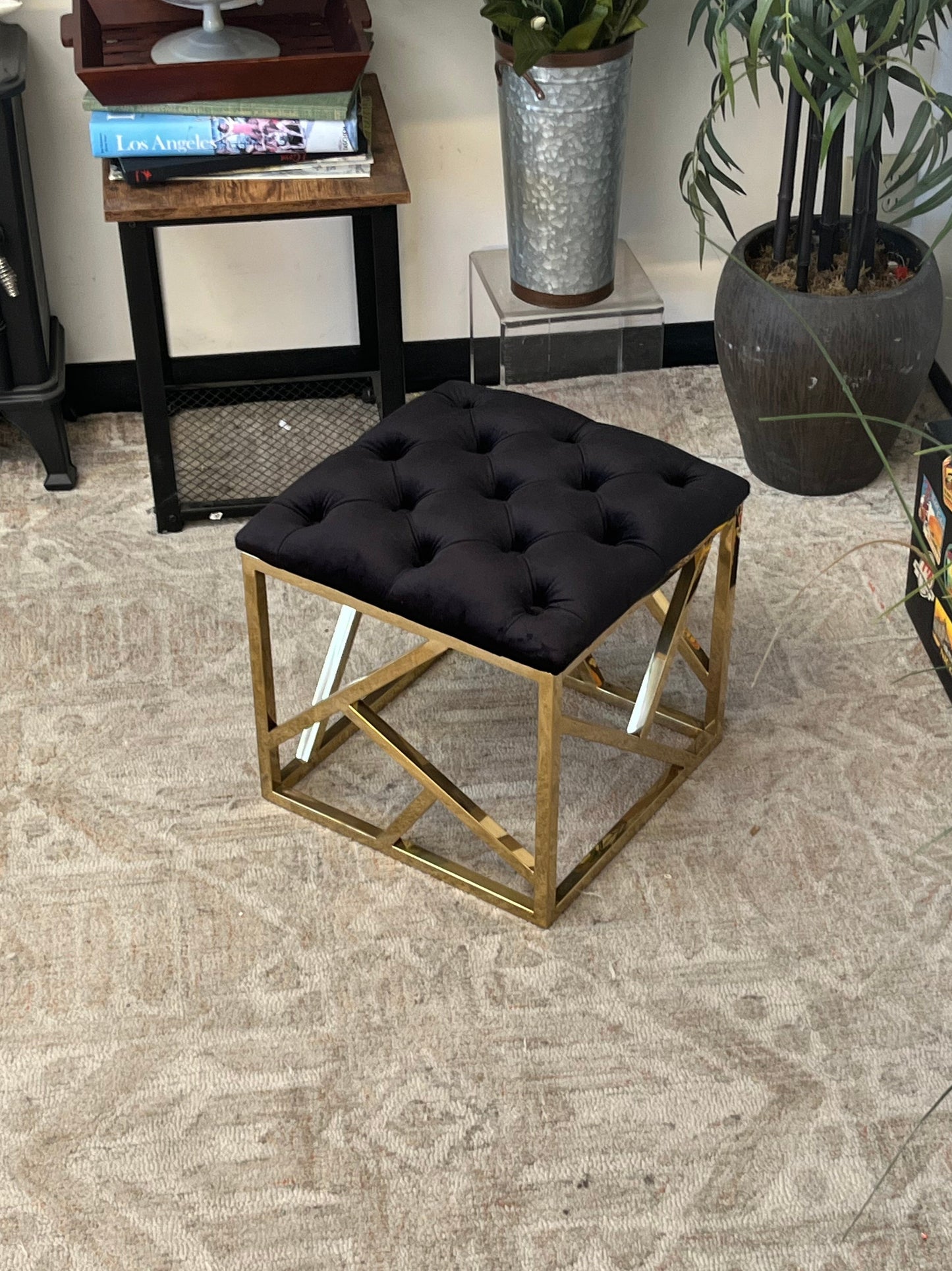 Tufted Brass Tone Ottoman