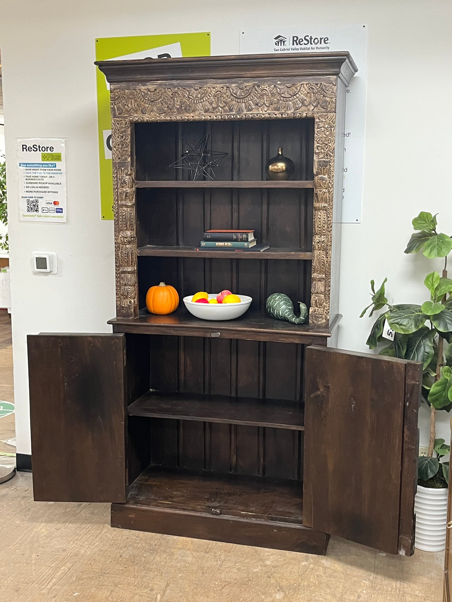 Hand Carved Bohemian Style Wooden Bookcase