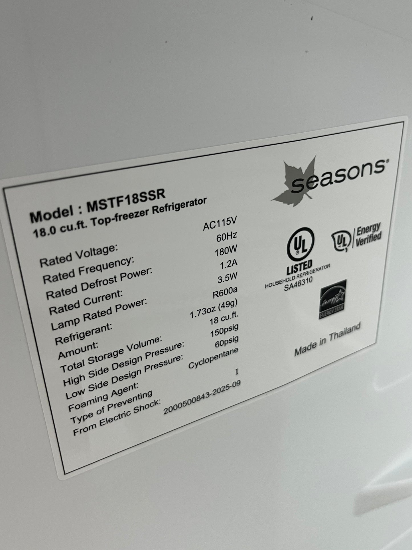 Seasons Stainless Steel 18 Cu. Ft. Top Freezer