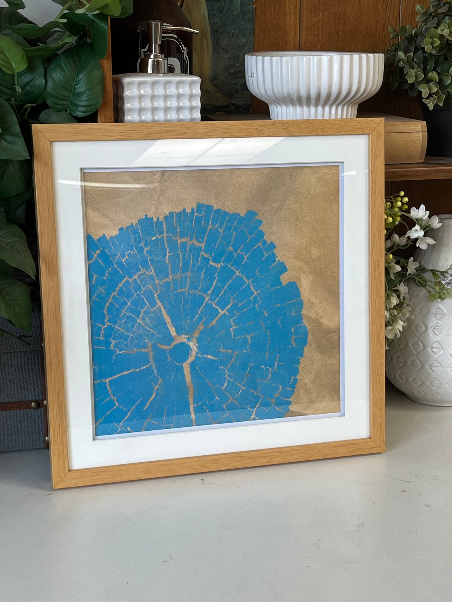 Tree Ring Print In Blue With Wooden Frame