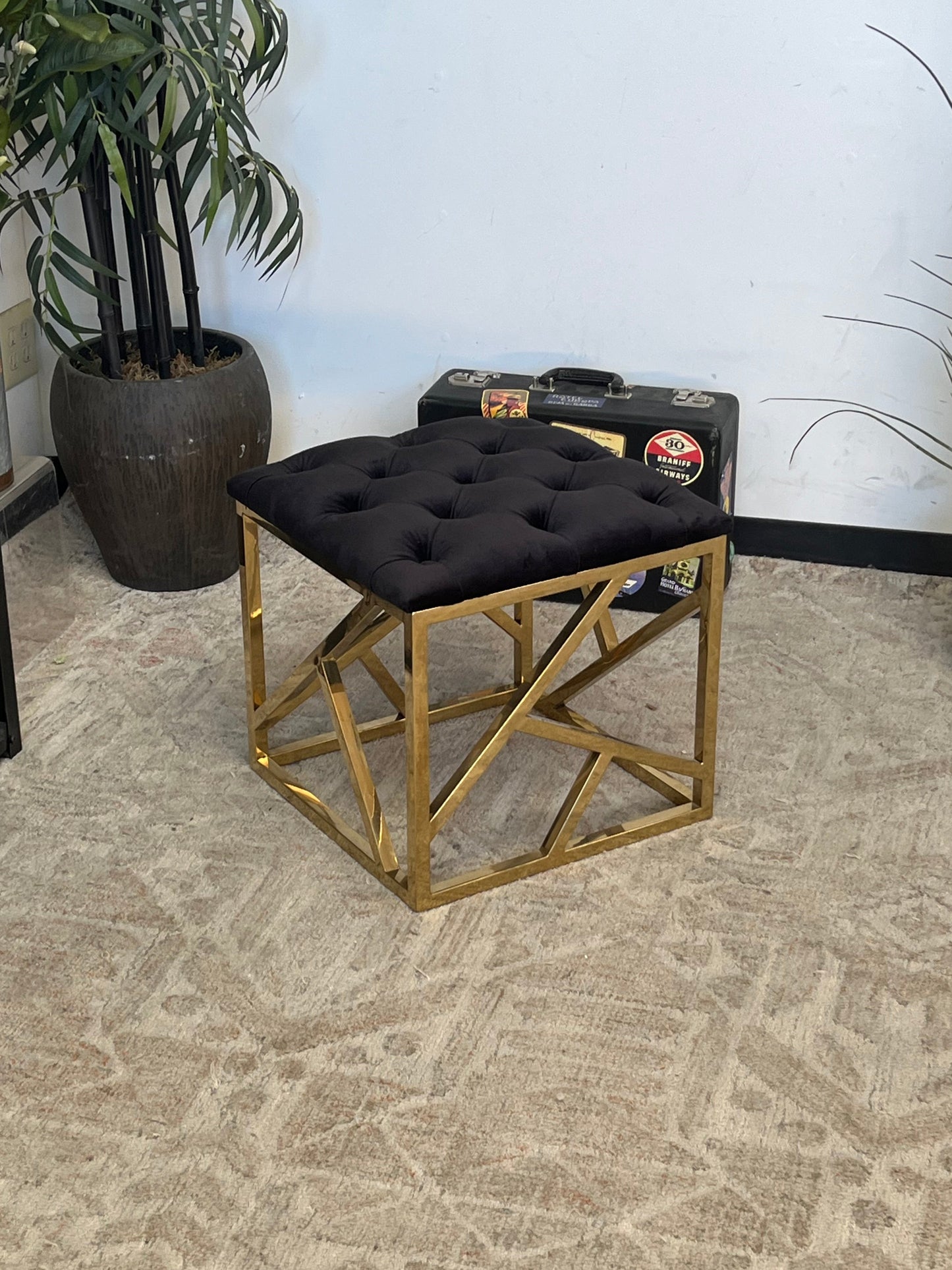 Tufted Brass Tone Ottoman