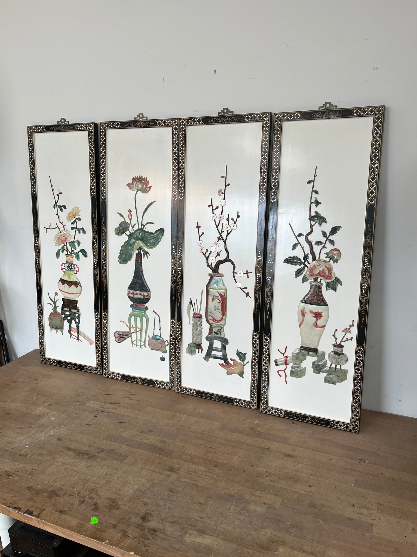 Chinese Floral Multicolored Wall Panels Set of 4
