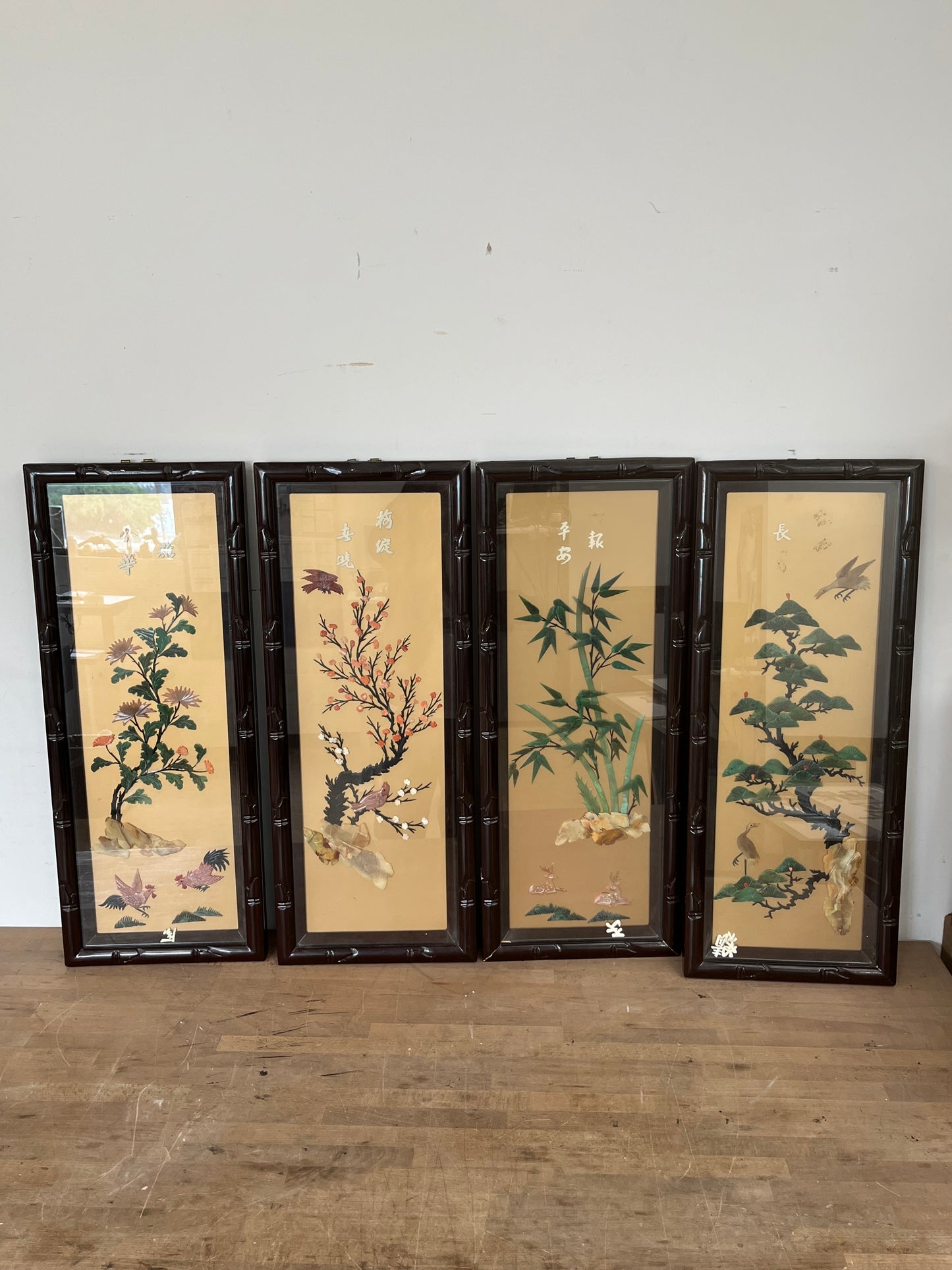 Chinese Wall Panel Decor With Glass Set of 4