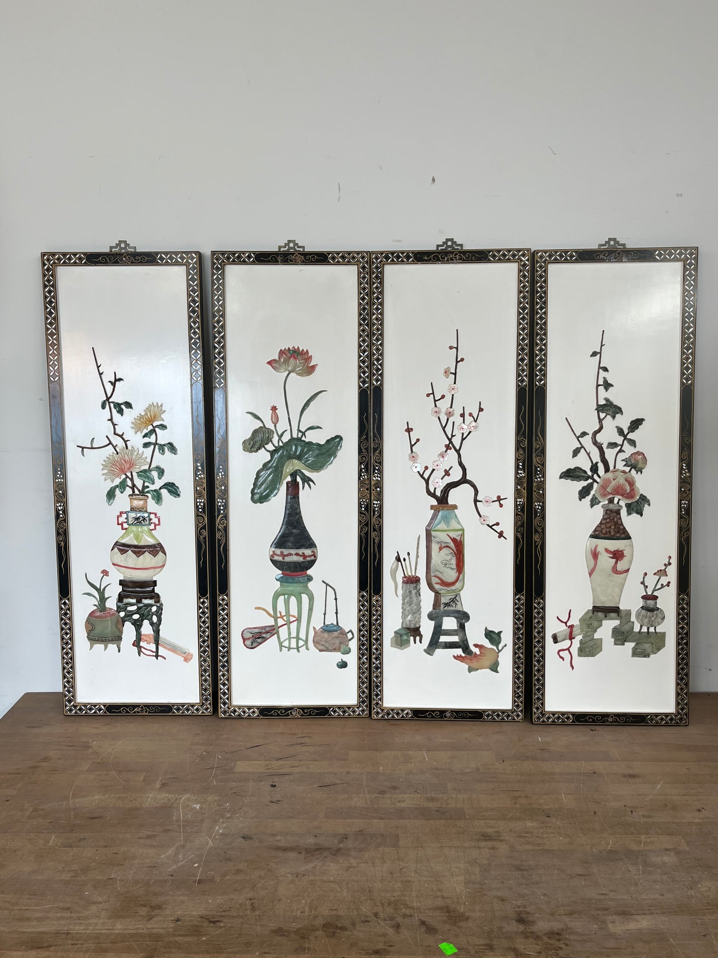 Chinese Floral Multicolored Wall Panels Set of 4