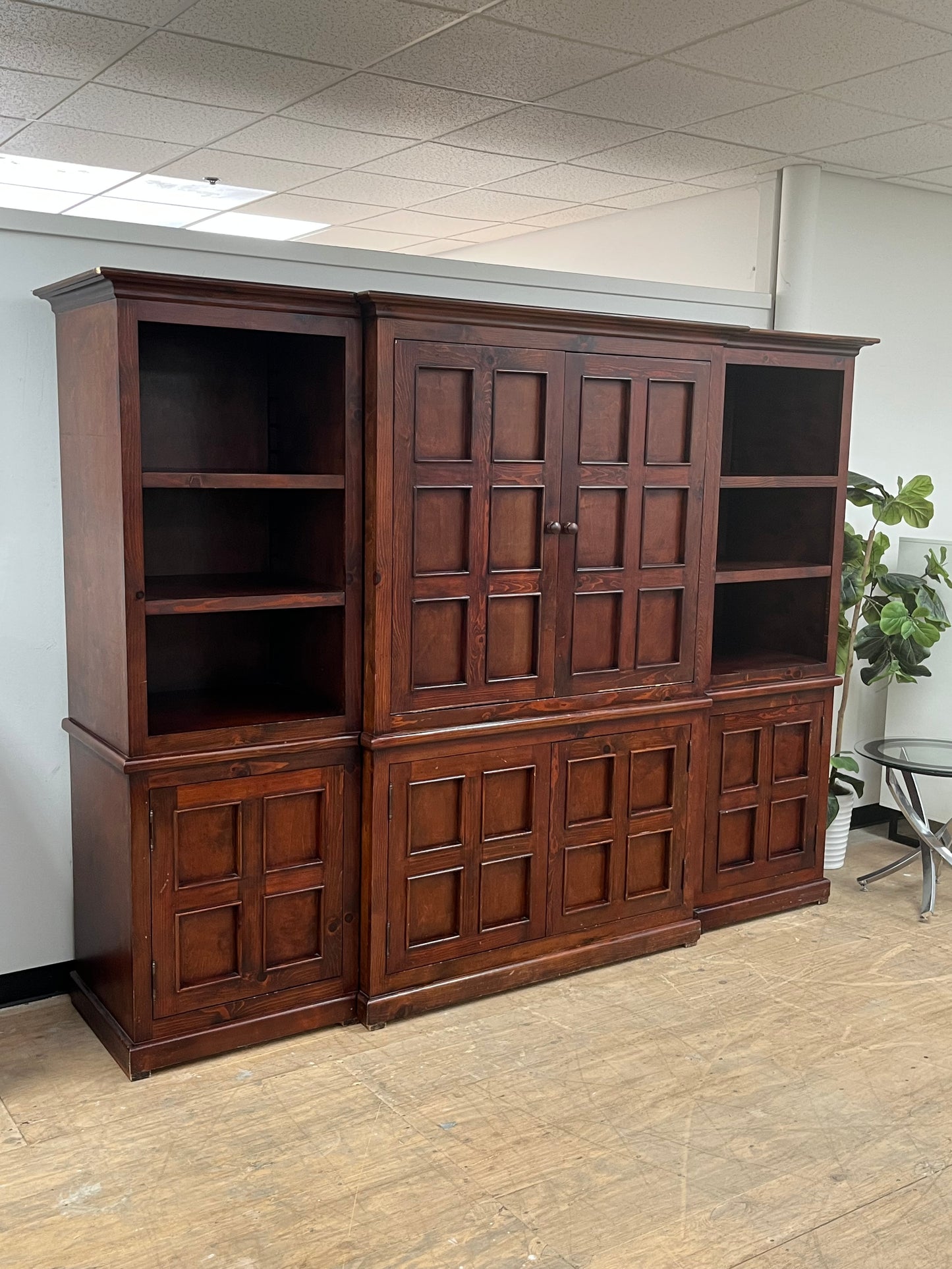 Wooden Media Storage Cabinet With Two Adjoining Bookcases