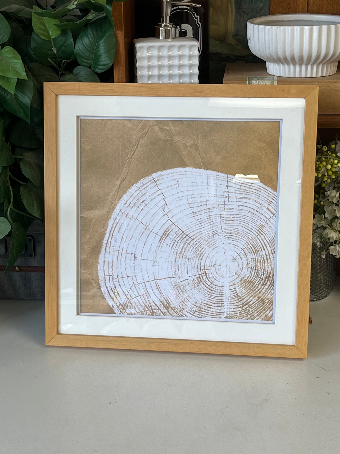 Tree Ring Print In White With Wooden Frame
