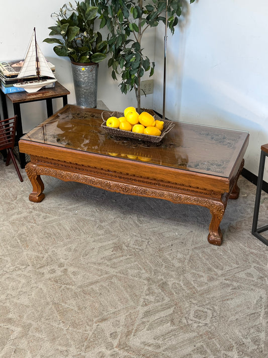 Indonesian Style Hand Carved Glass Top Coffee Table