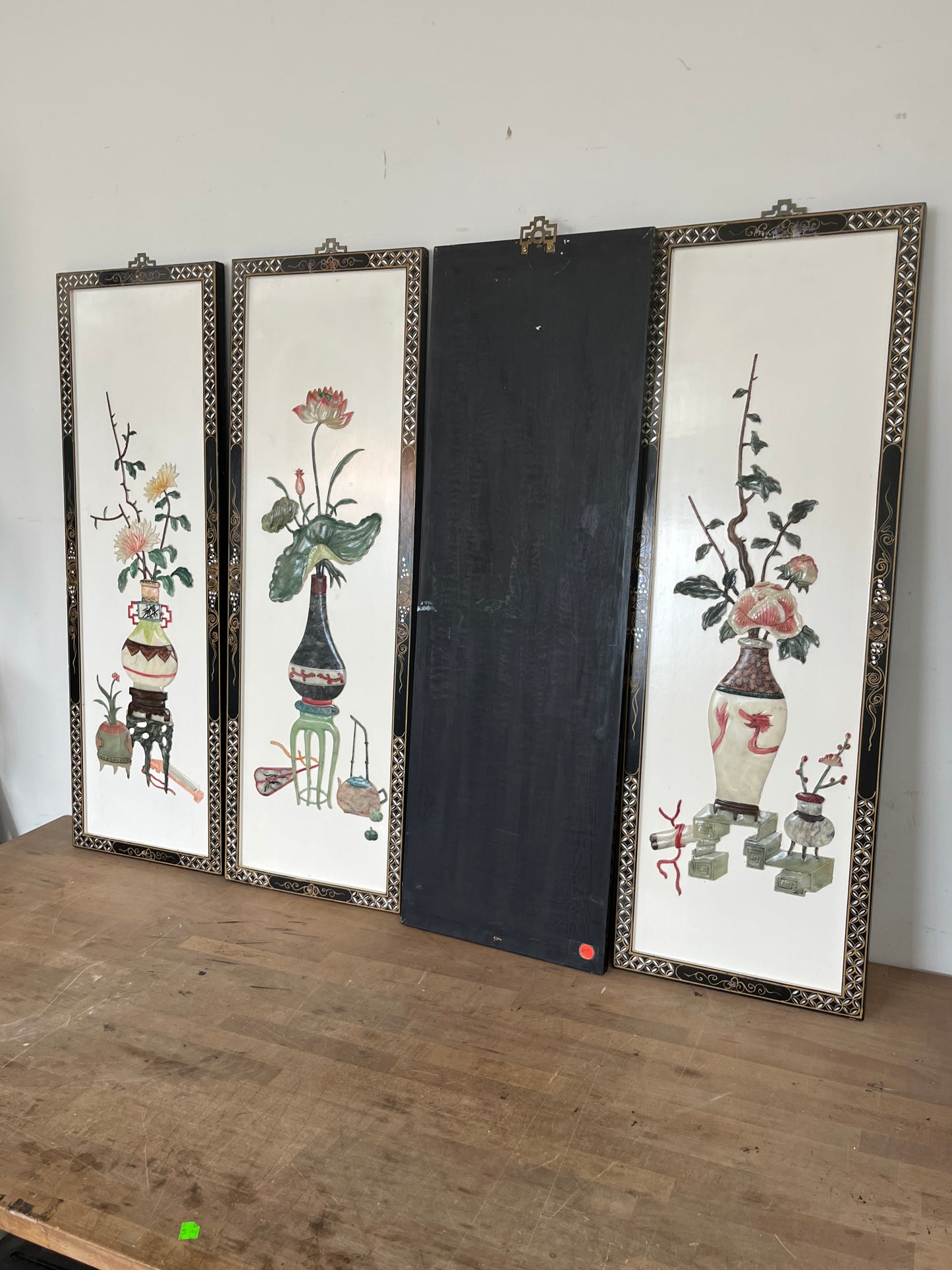 Chinese Floral Multicolored Wall Panels Set of 4
