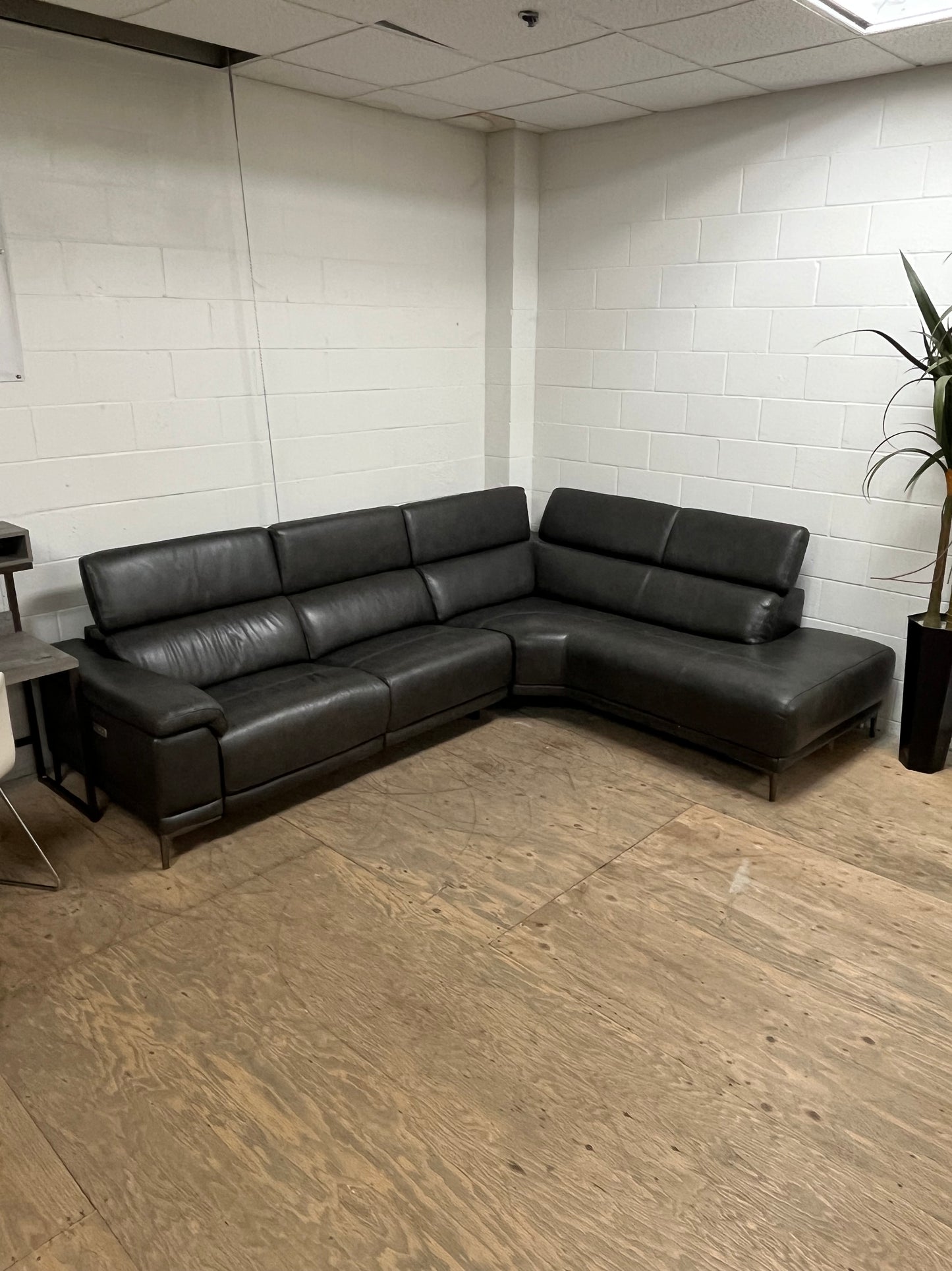 Living Spaces Leather Sectional Couch With Reclining Seat