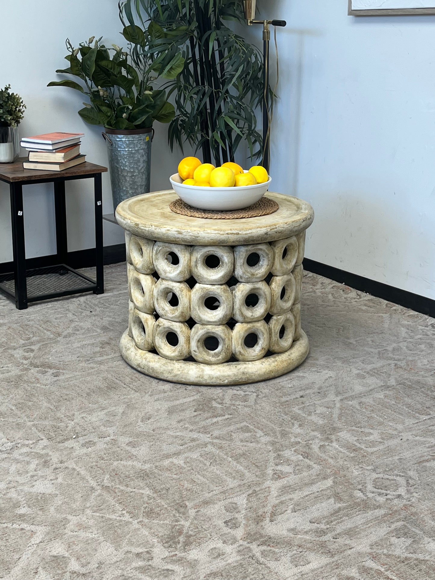 Outdoor Concrete Beige Ring Pattern Side Table