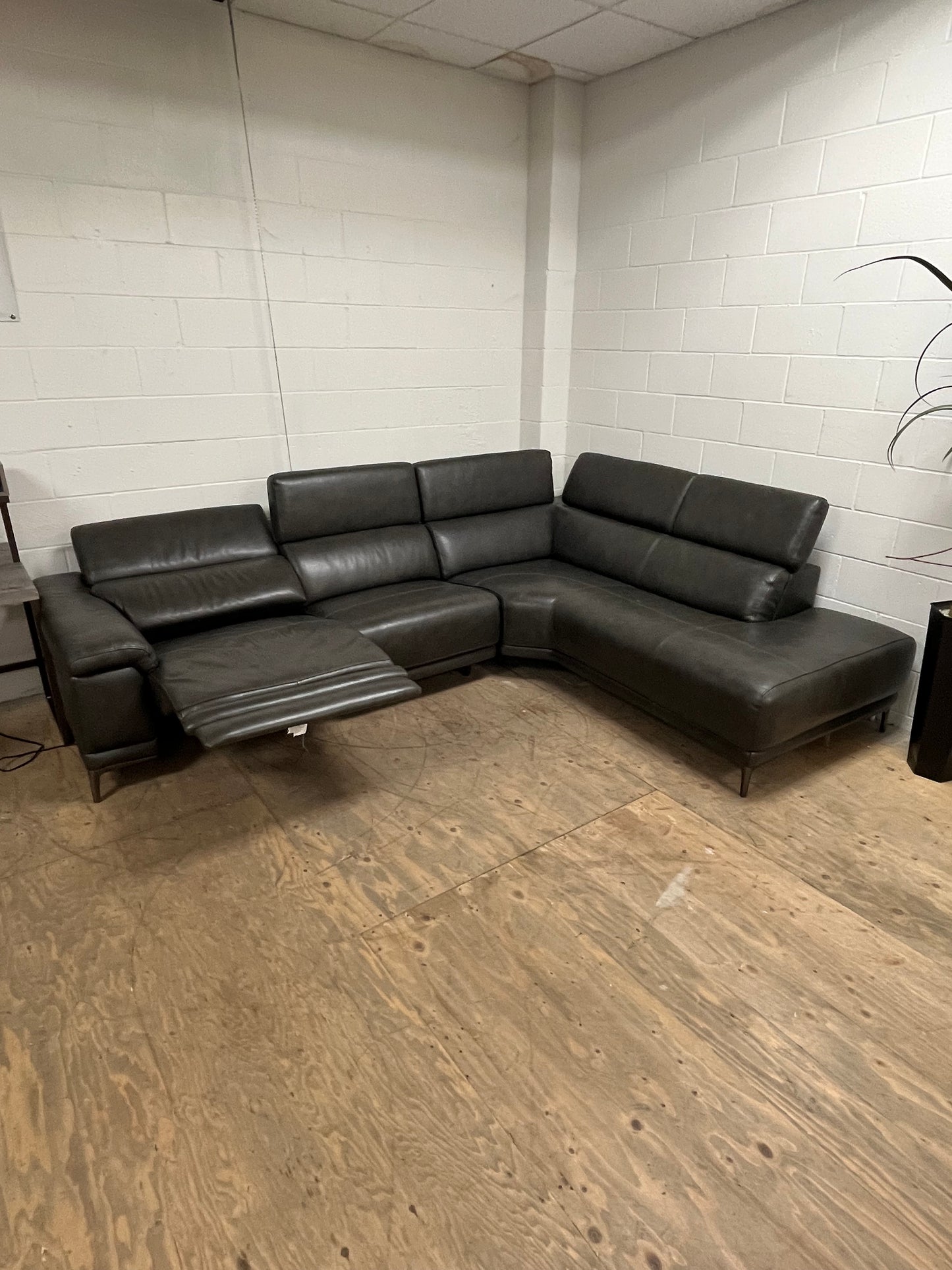 Living Spaces Leather Sectional Couch With Reclining Seat