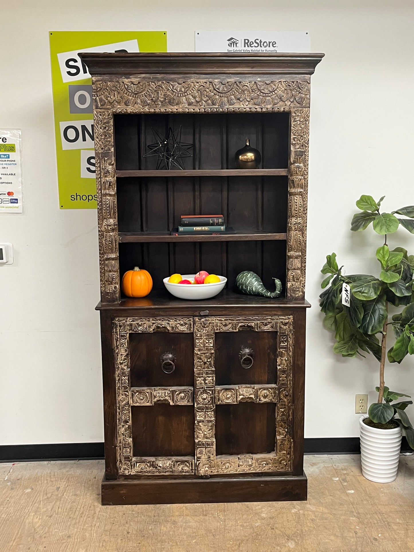 Hand Carved Bohemian Style Wooden Bookcase