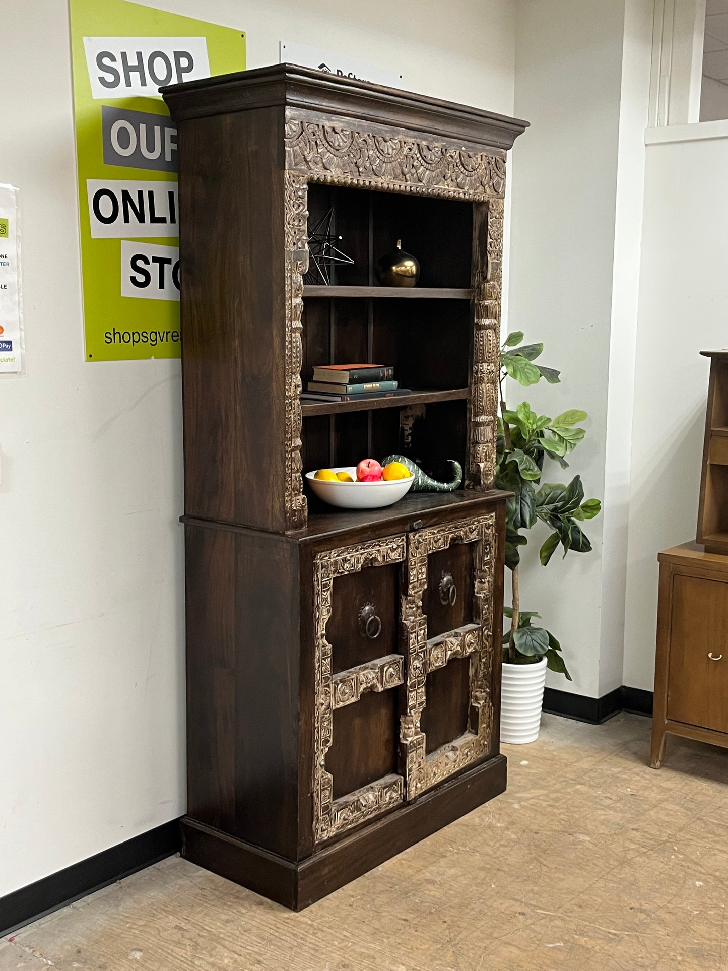 Hand Carved Bohemian Style Wooden Bookcase