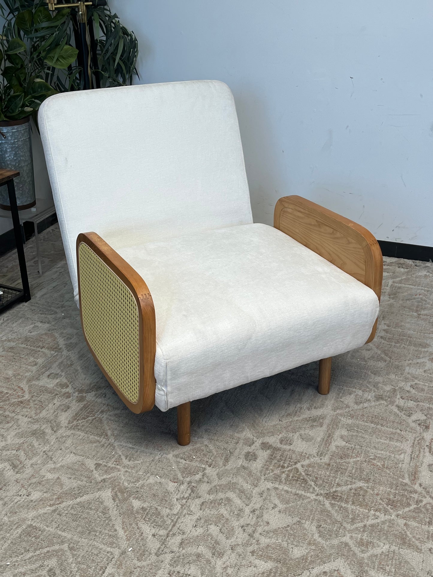 Mid Century Style Rattan & Linen Single Sofa Bed