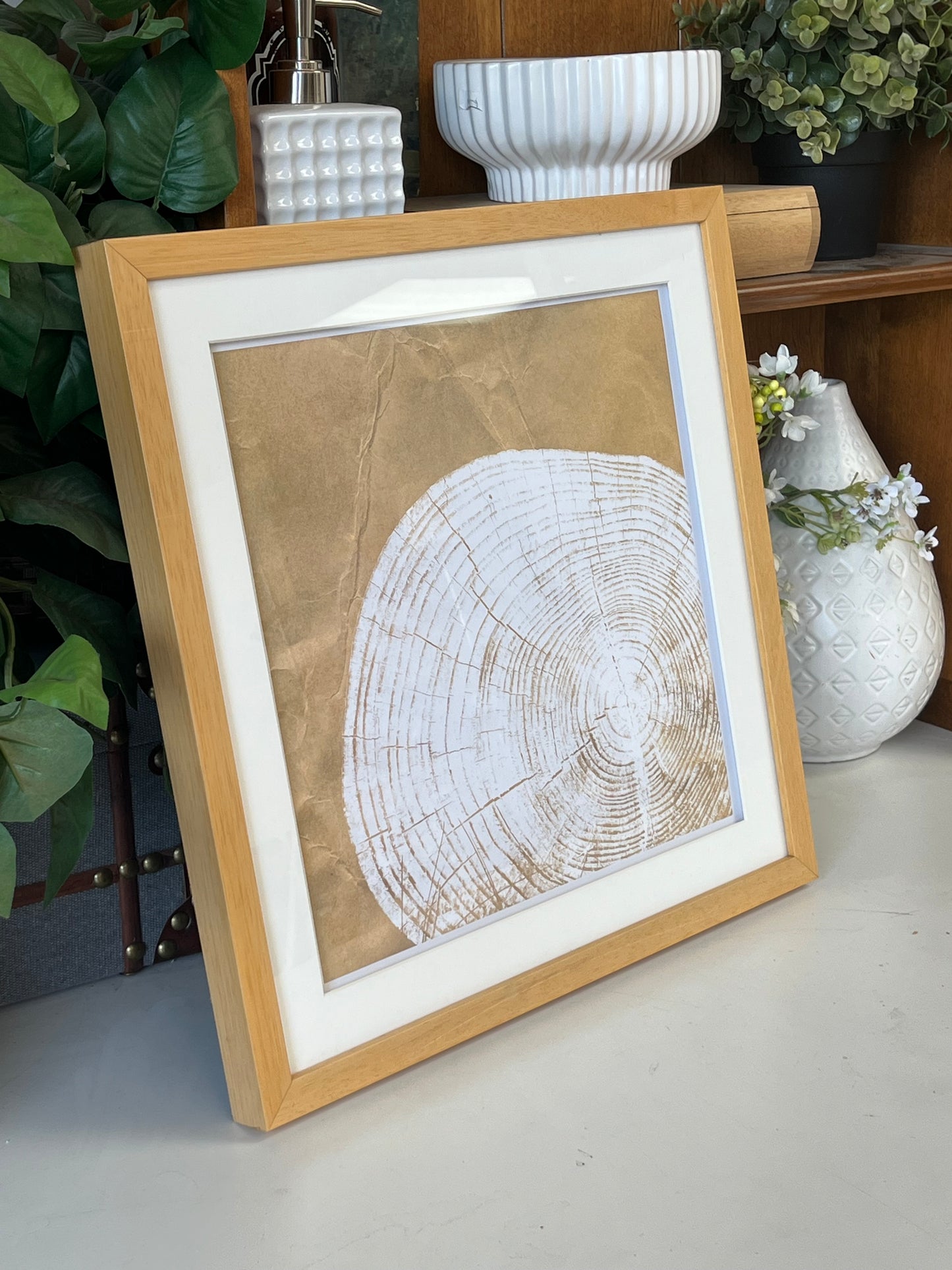 Tree Ring Print In White With Wooden Frame