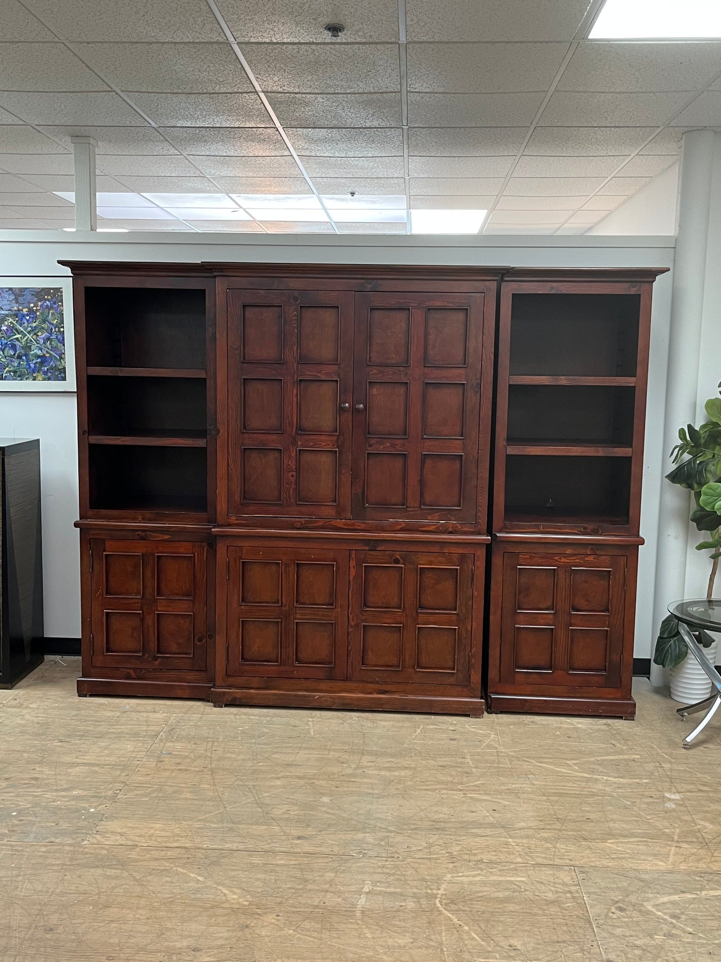 Wooden Media Storage Cabinet With Two Adjoining Bookcases