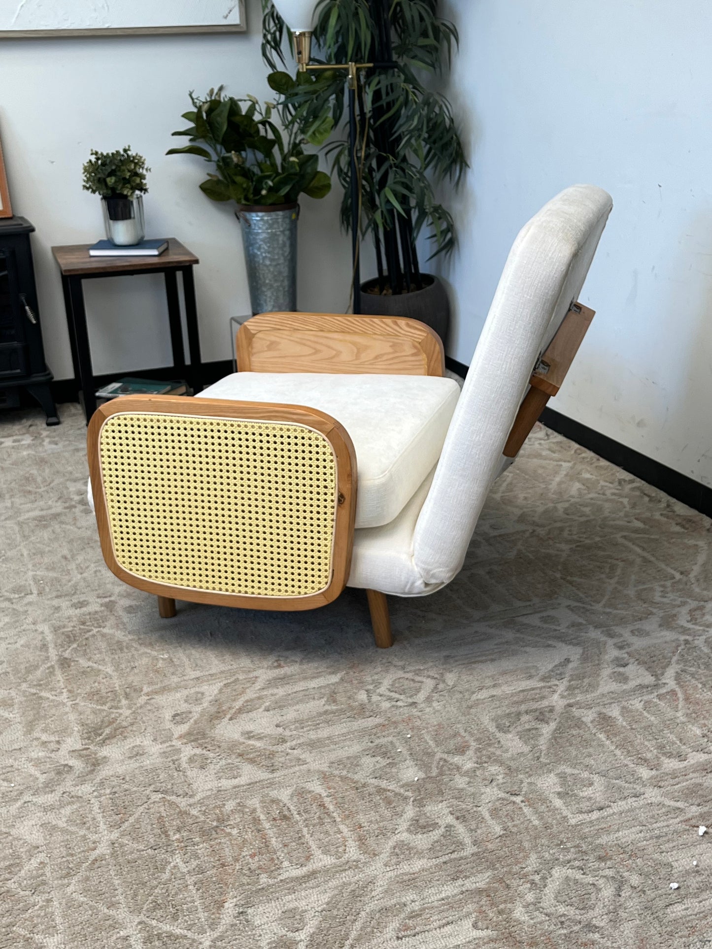 Mid Century Style Rattan & Linen Single Sofa Bed