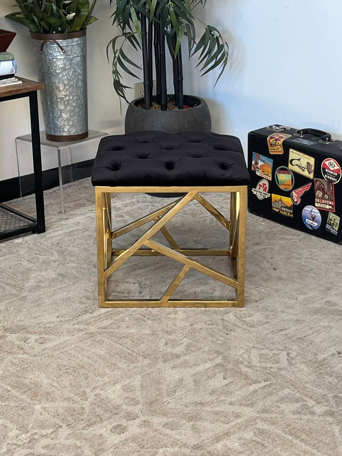Tufted Brass Tone Ottoman