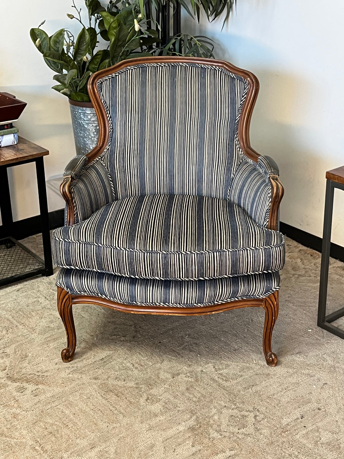 Upholstered Blue Striped Club Chair
