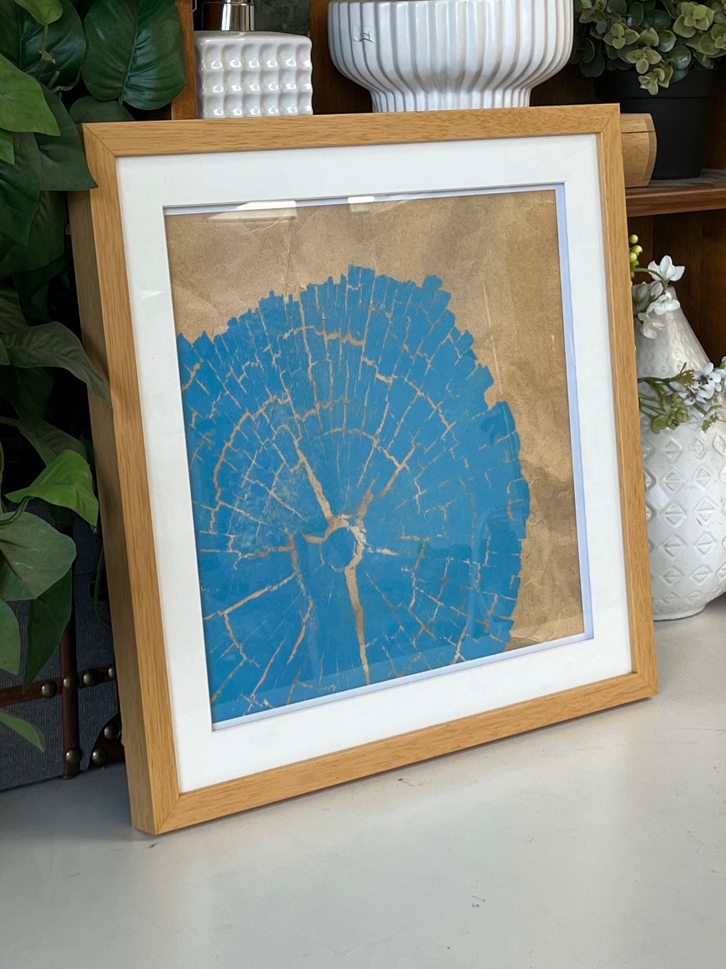 Tree Ring Print In Blue With Wooden Frame