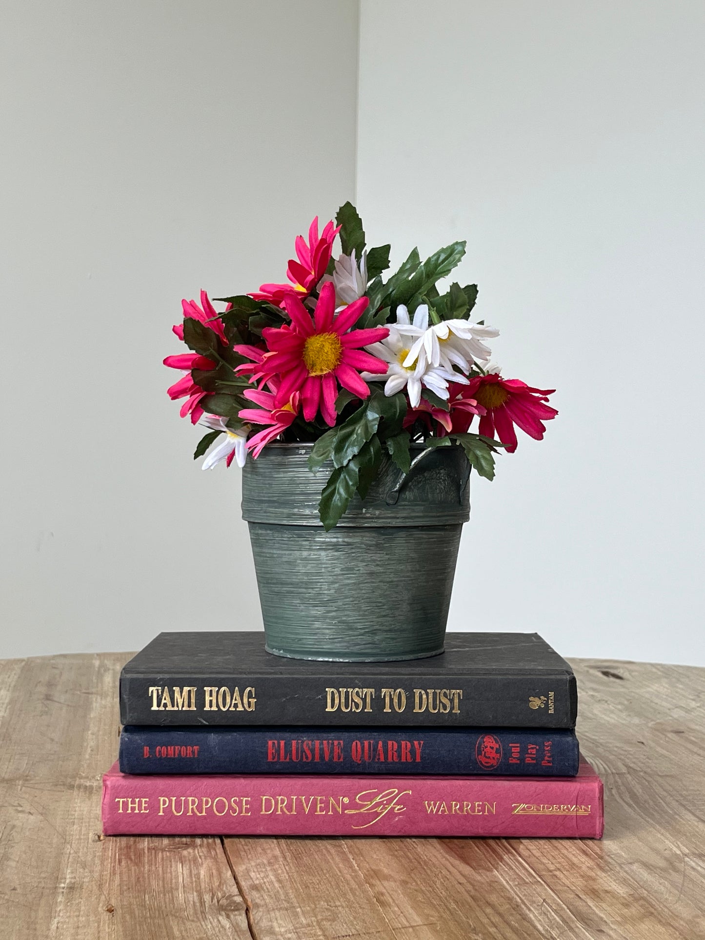 Potted Artificial White and Pink Daisies