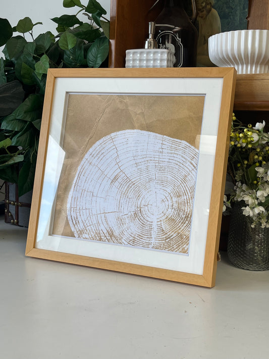 Tree Ring Print In White With Wooden Frame