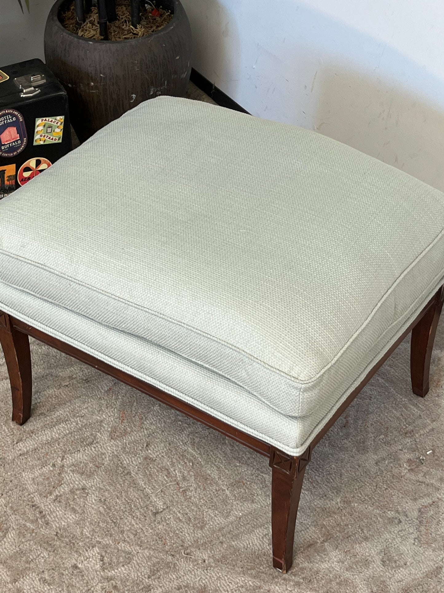 Upholstered Blue Linen Ottoman