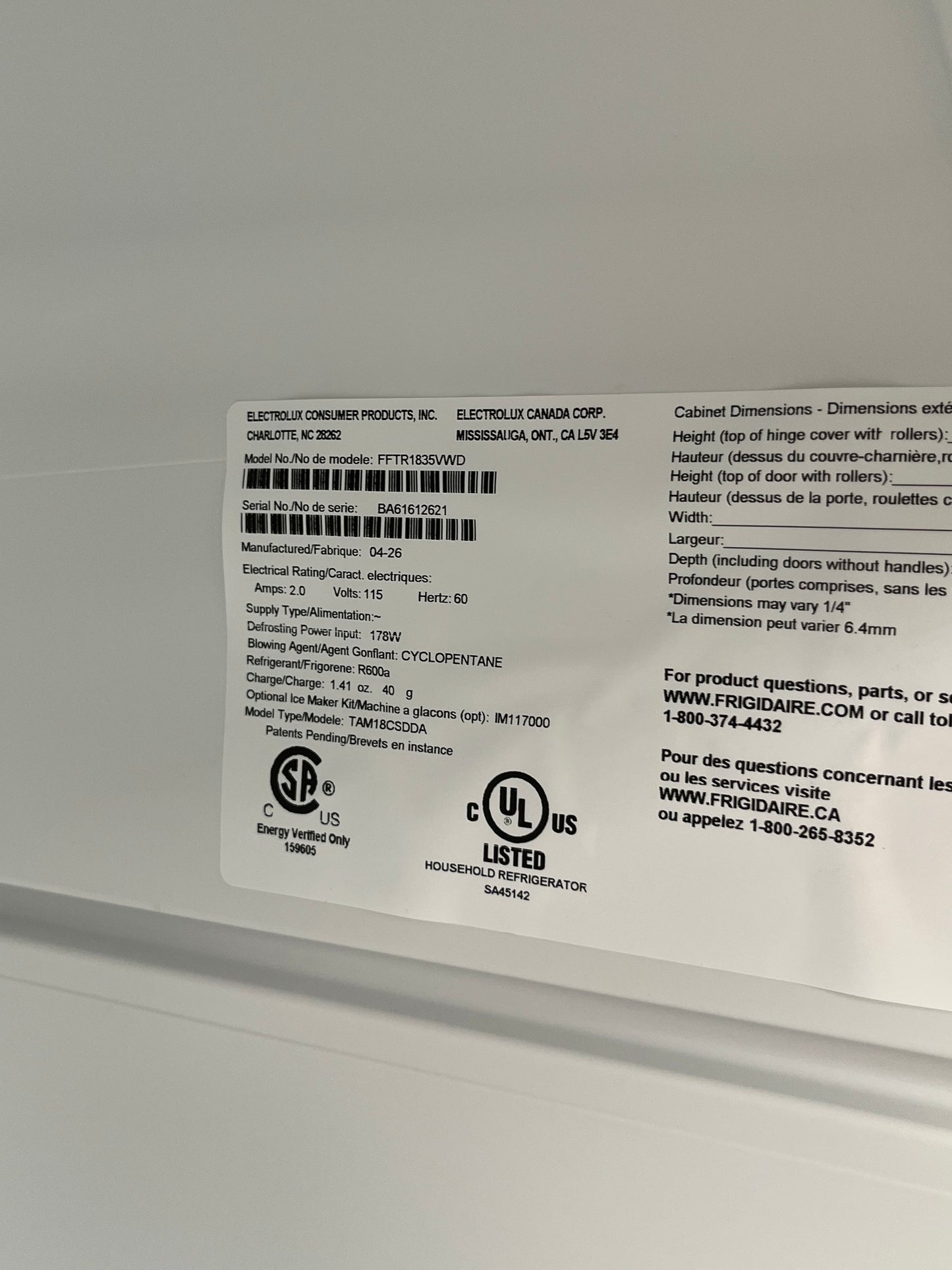 Frigidaire White 18.3 Cu. Ft. Top Freezer Refrigerator - Dented