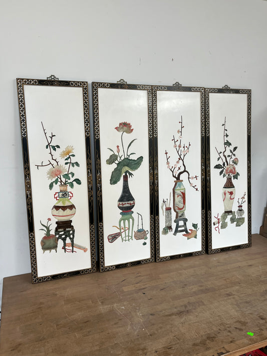 Chinese Floral Multicolored Wall Panels Set of 4