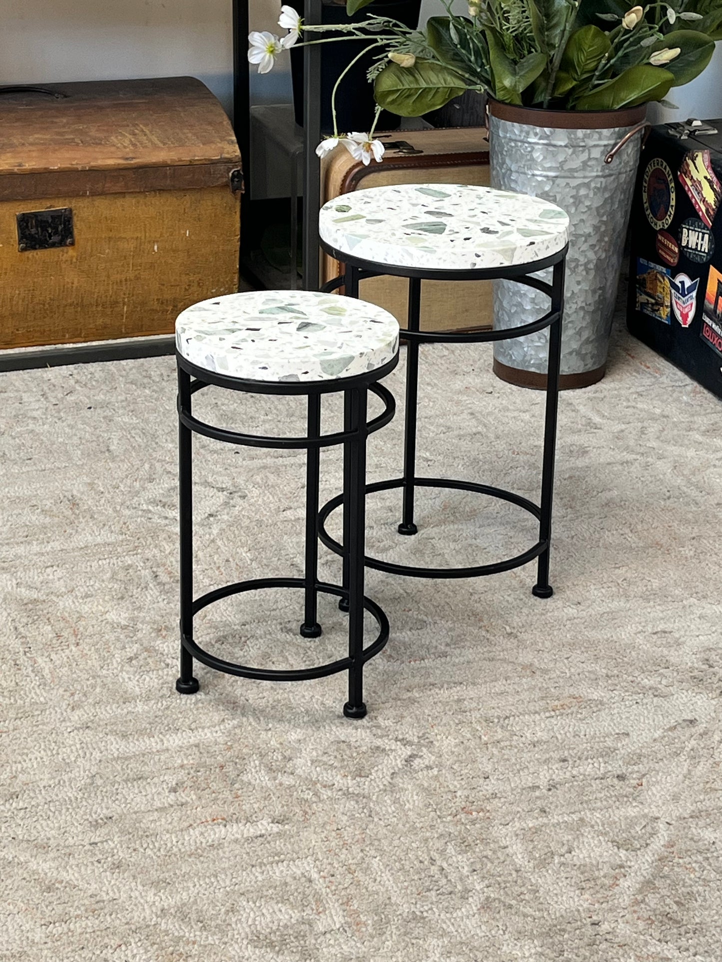 Straight Metal Ceramic Plant Stands Set Of 2