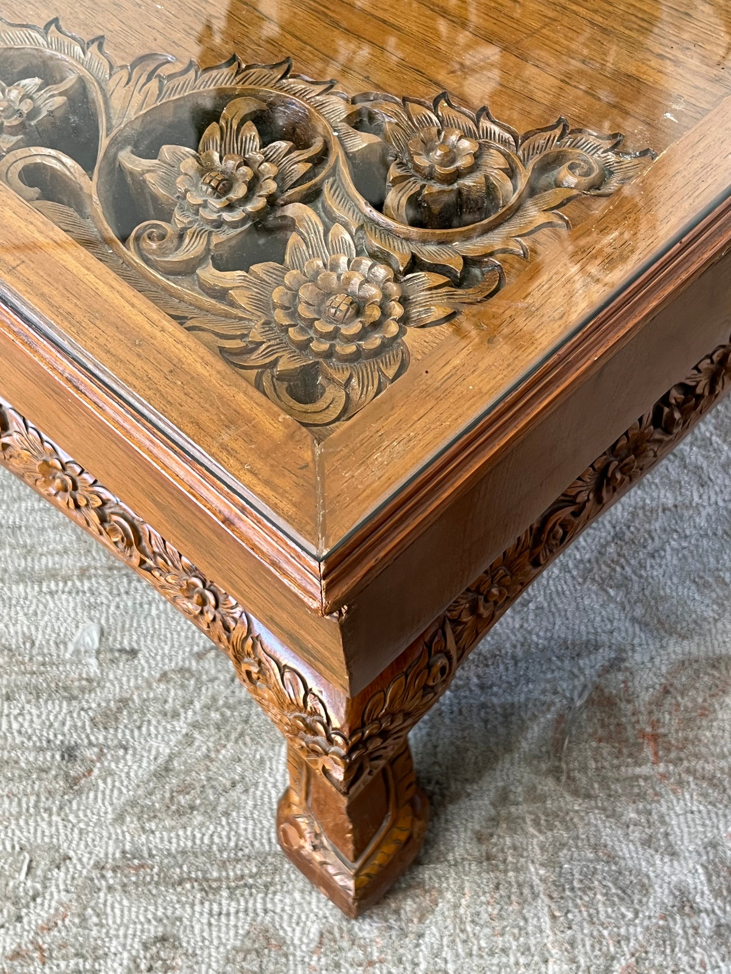 Indonesian Style Hand Carved Glass Top Coffee Table