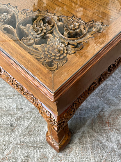 Indonesian Style Hand Carved Glass Top Coffee Table