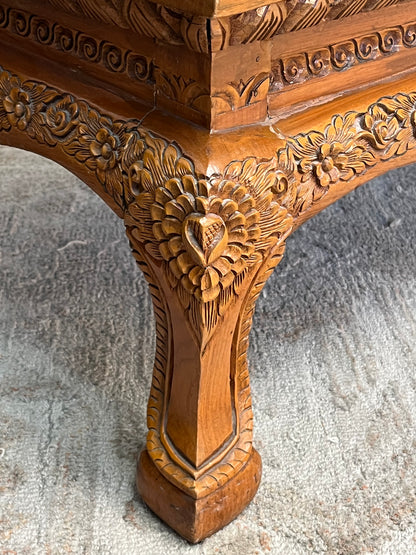 Indonesian Style Hand Carved Glass Top Coffee Table