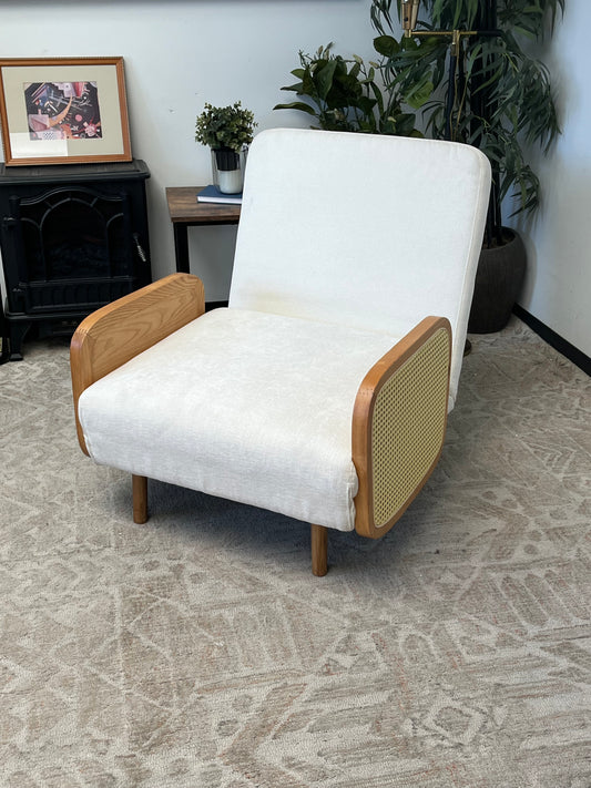 Mid Century Style Rattan & Linen Single Sofa Bed