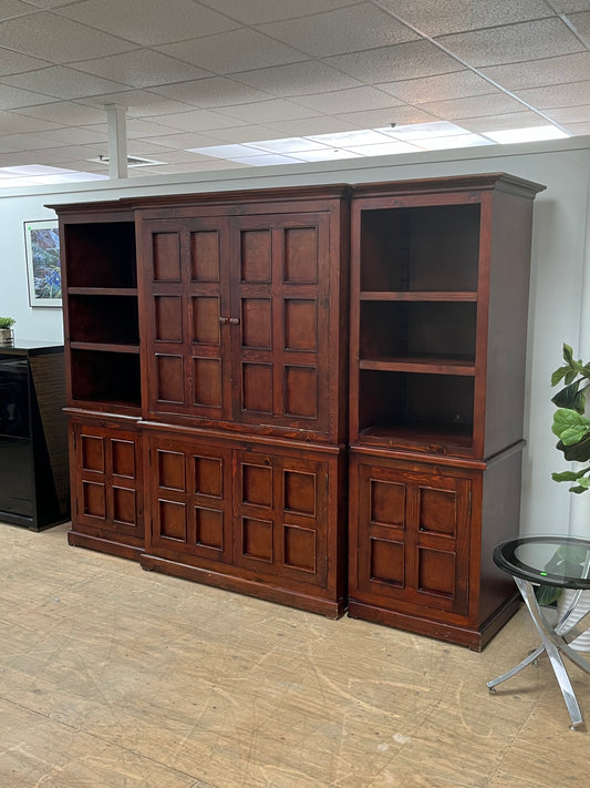 Wooden Media Storage Cabinet With Two Adjoining Bookcases