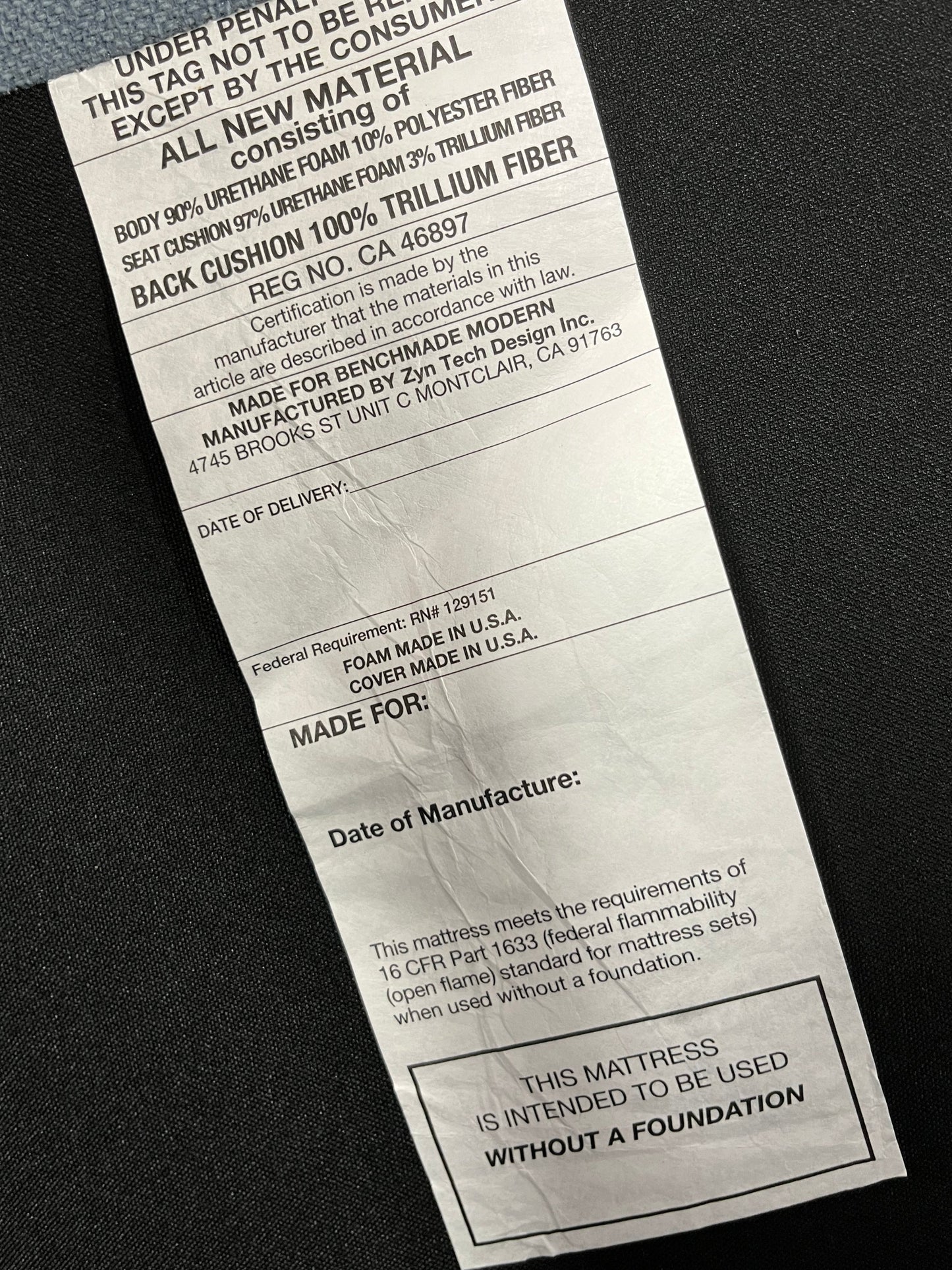 Benchmade Modern Left Arm Blue Linen Couch