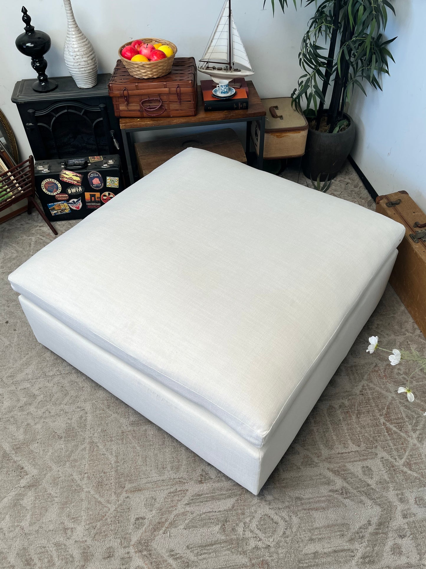 Modern White Linen Ottoman
