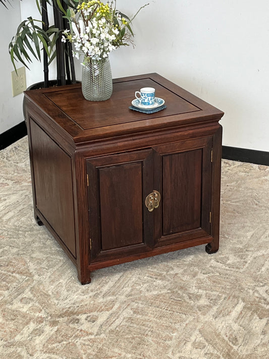 Antique Style Asian Nightstand With Brass Toned Handles
