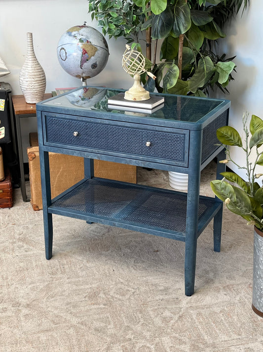 Blue Rattan End Table W/ Glass Top