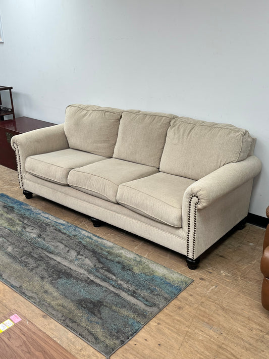Modern Nailhead Beige Linen Couch