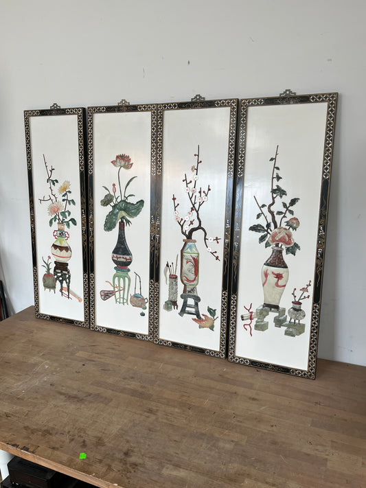 Chinese Floral Multicolored Wall Panels Set of 4