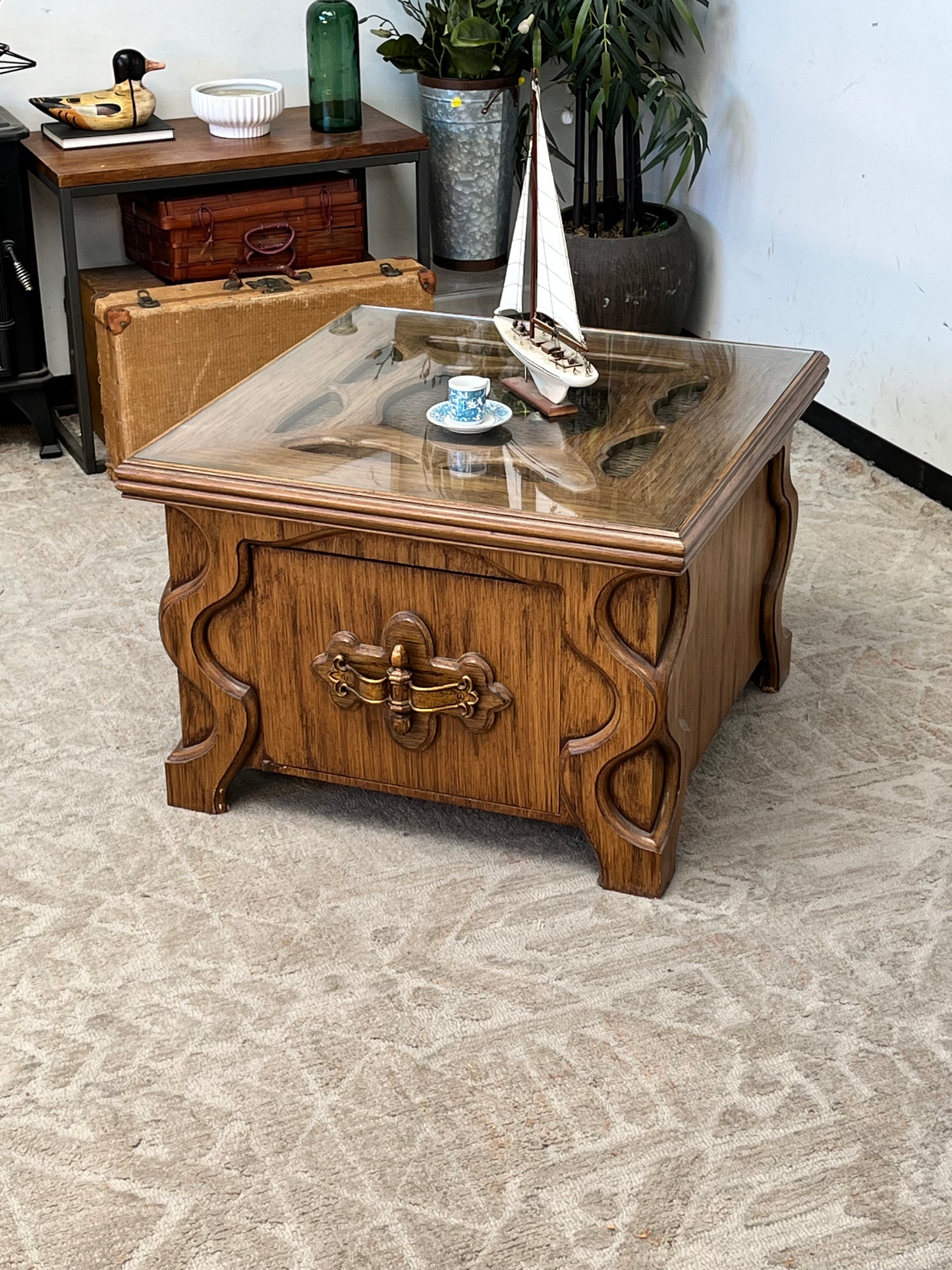 Vintage Carved Glasstop Sidetable