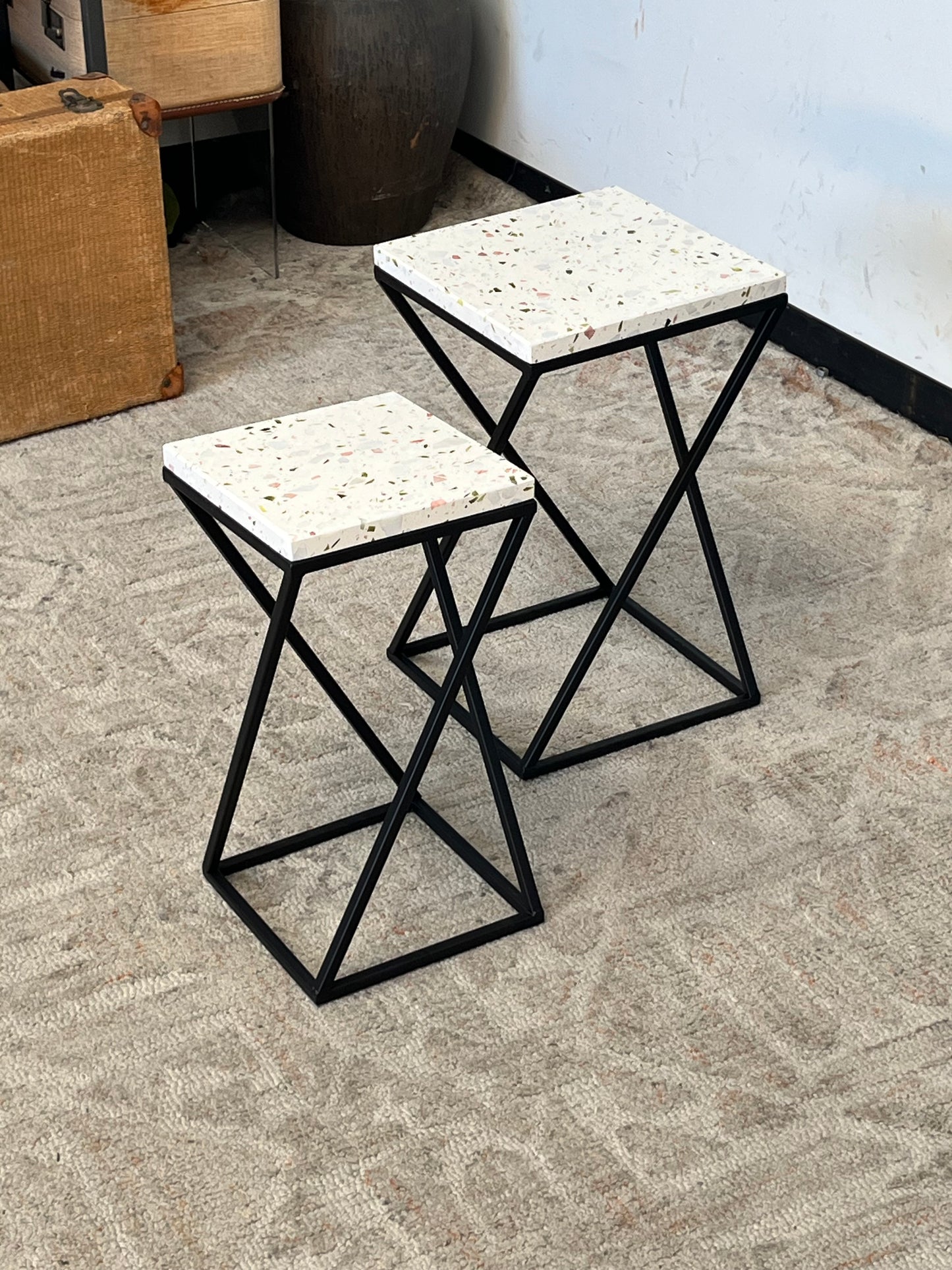 Pair of Modern Stone Top Square Side Tables