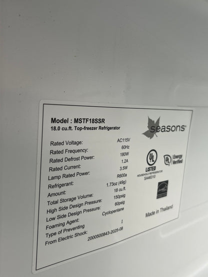 Seasons 18cu.ft. 30in. Refrigerator Stainless Steel - Front Dent