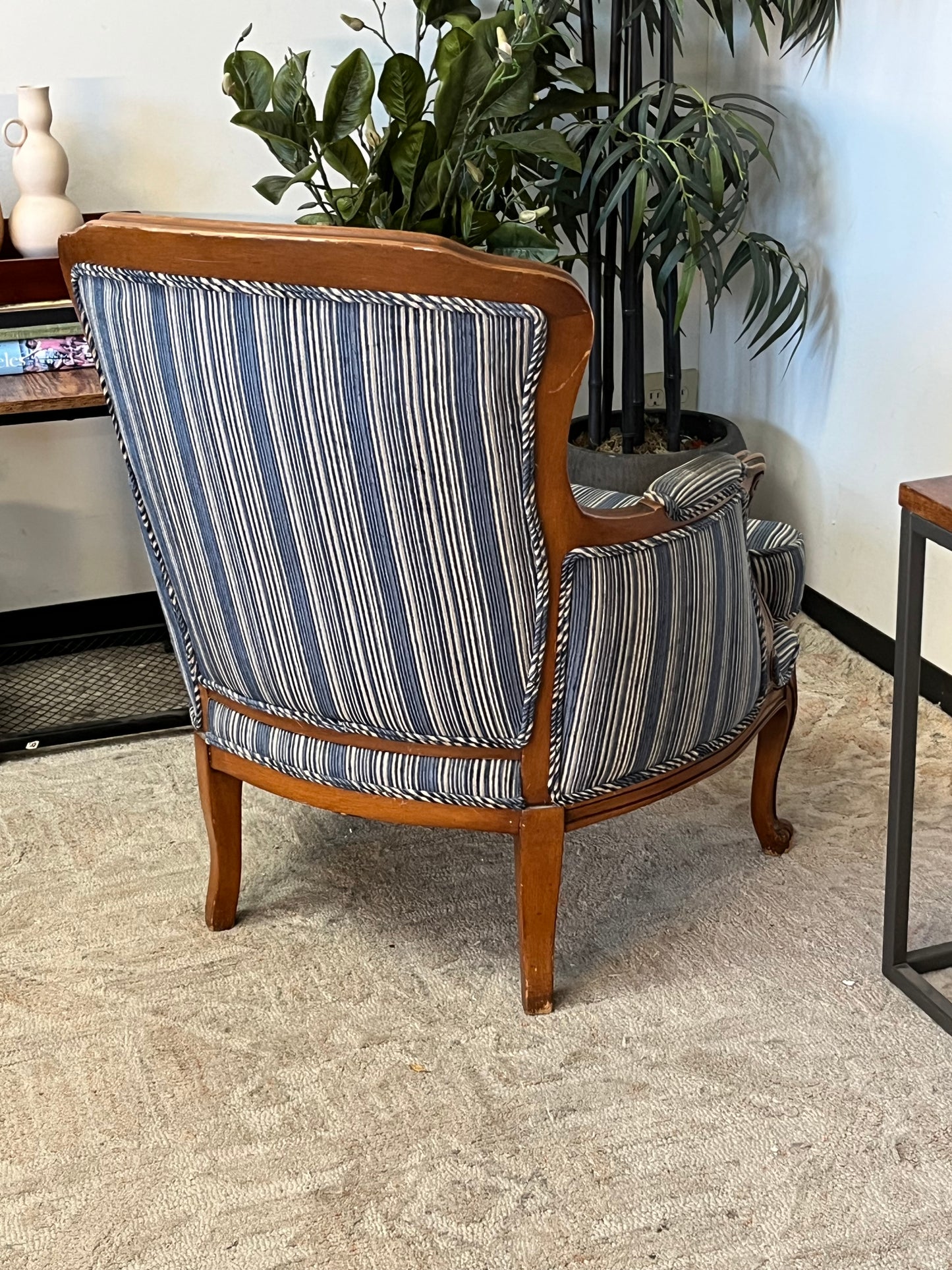 Upholstered Blue Striped Club Chair