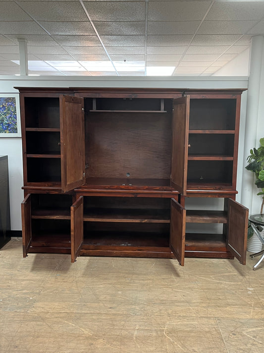 Wooden Media Storage Cabinet With Two Adjoining Bookcases