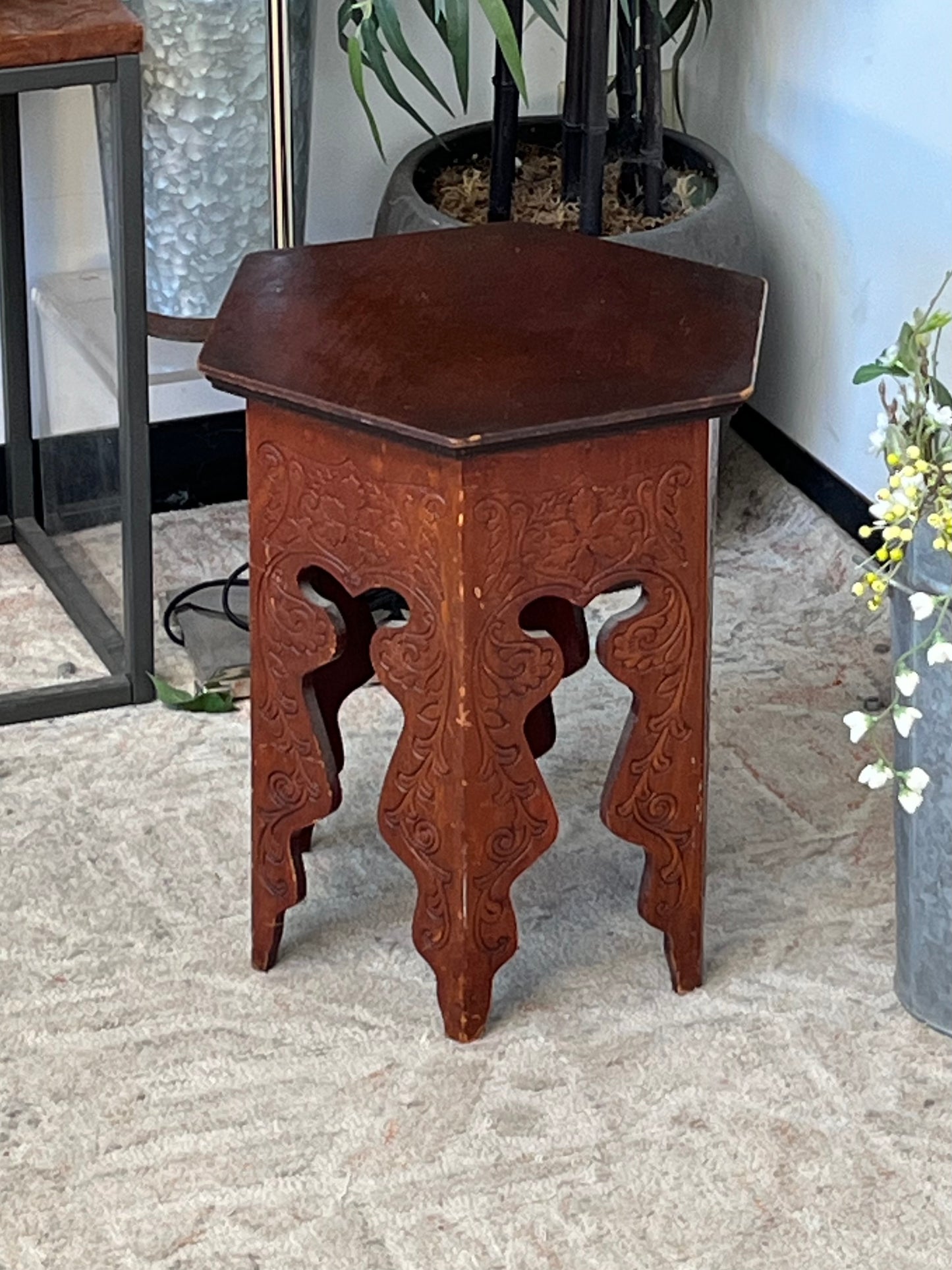 Vintage Wooden Hexagonal Stool