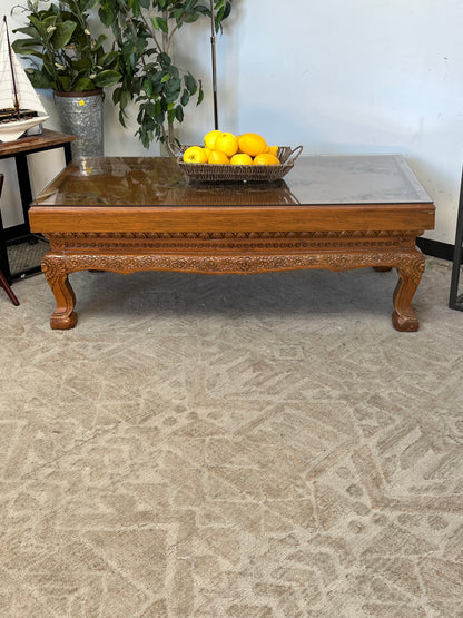 Indonesian Style Hand Carved Glass Top Coffee Table