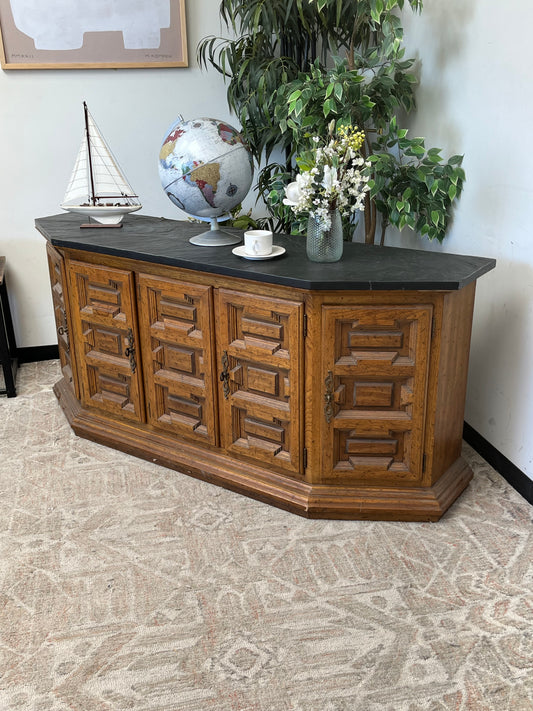 Mid Century Wooden Credenza With Stone Top
